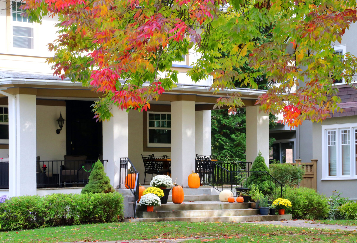 beautiful home, exterior, fall leaves